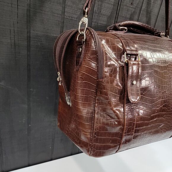 VTG Tote Duffel Bag Bath Body Works Brown Faux Alligator Leather 90s Y2K Travel - Picture 3 of 16